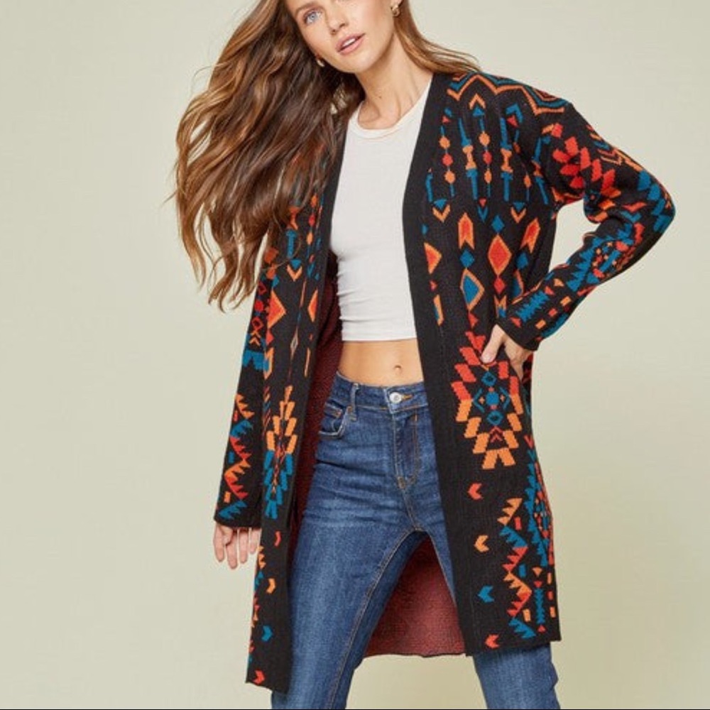 Savanna Jane Multicolor Tribal Print Longline Open Cardigan (Sz Small)